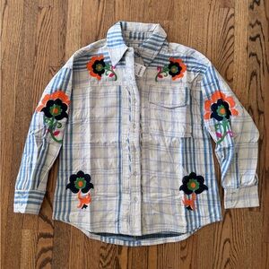 NWT We The Free Blue Plaid Sashiko Flannel Shirt with Floral Embroidery M